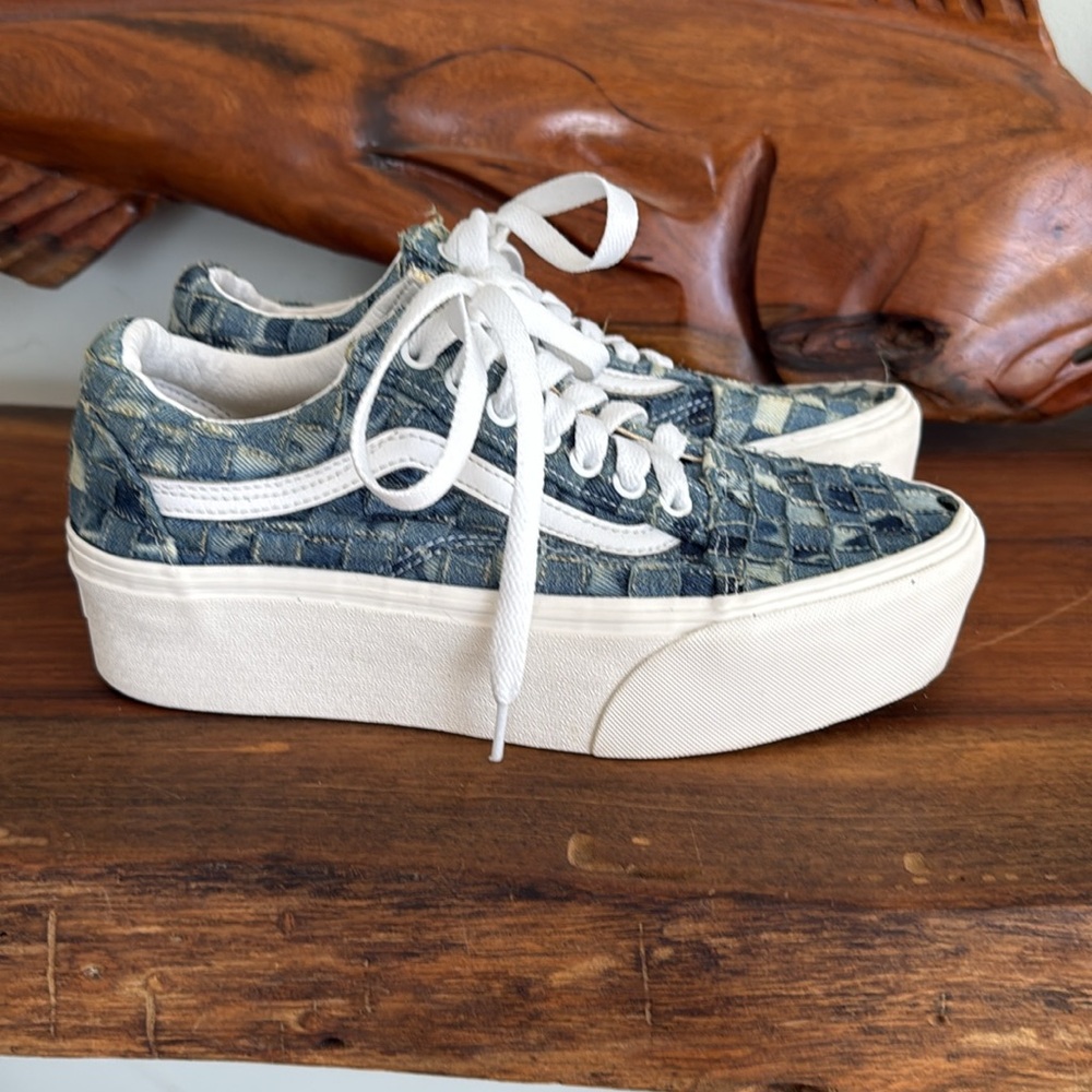 Vans Blue and White Checkered Denim Sneakers